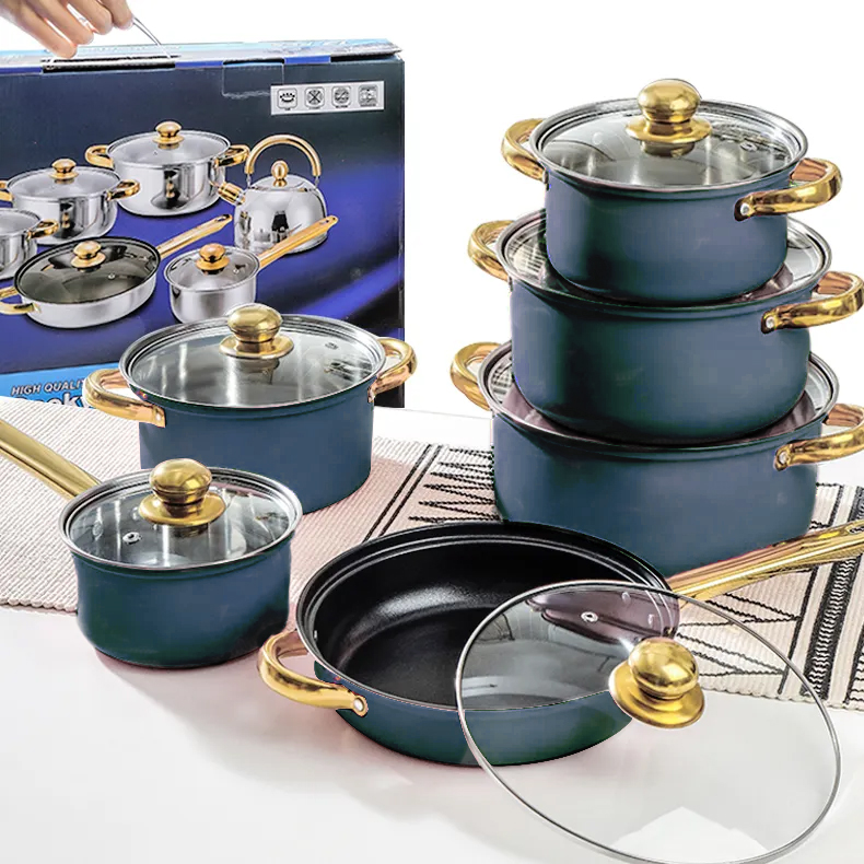 Paella Pan Steel - 6-Piece Blue Non-Stick Cookware Set Stainless